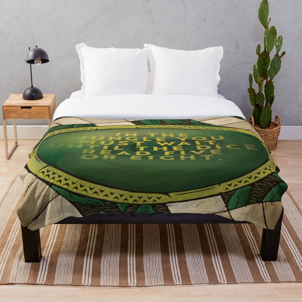 Jumanji-themed plush blanket with jungle and adventure design