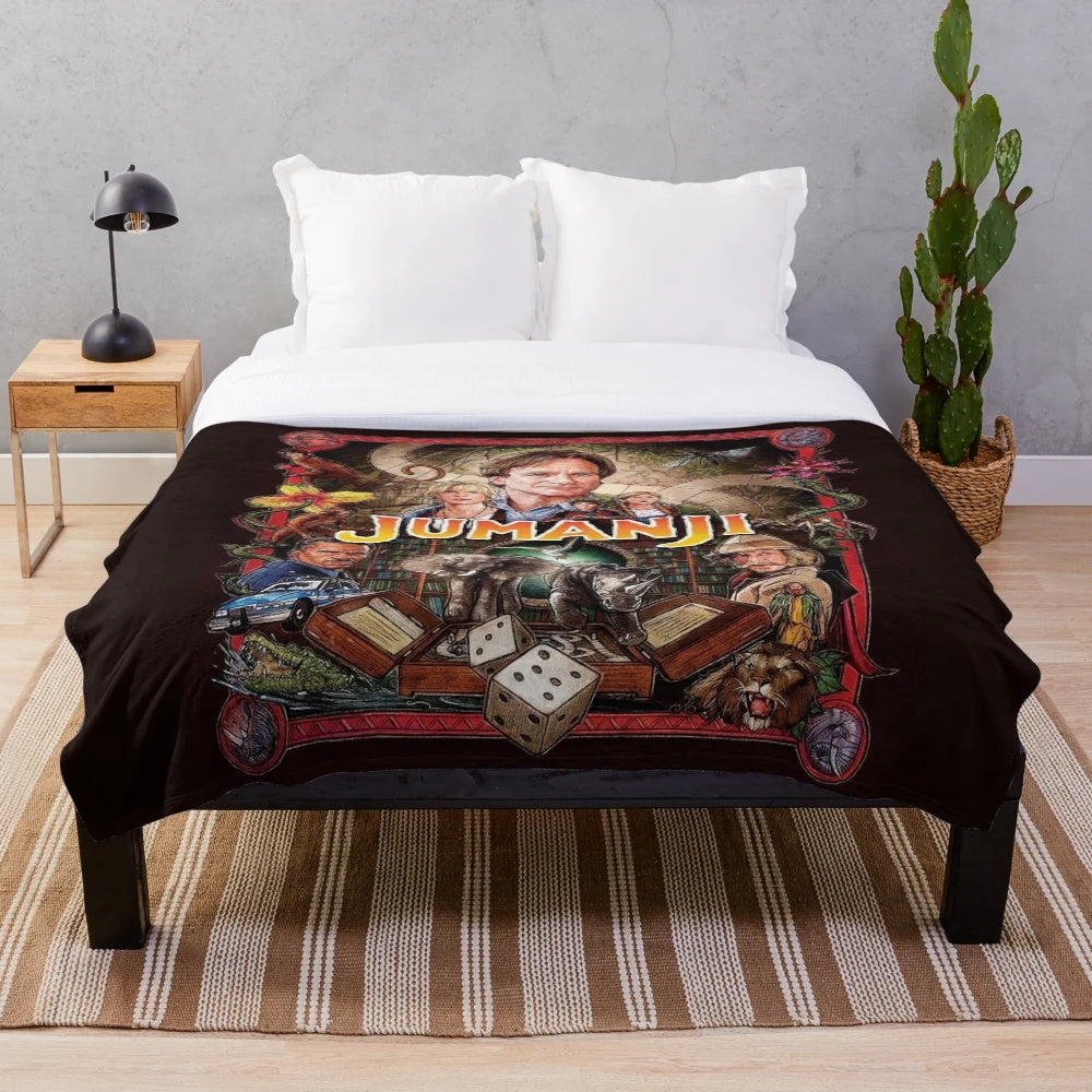 Jumanji-themed plush blanket featuring jungle animals and game elements