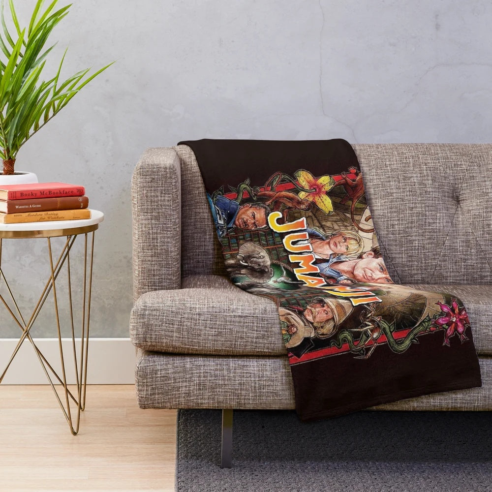 Jumanji-themed plush blanket featuring jungle animals and game elements