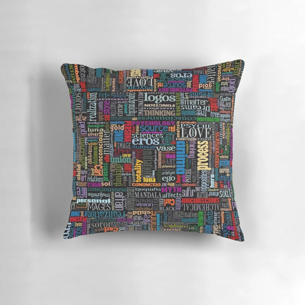 Jungian Psychology Word Cloud Pillow featuring iconic Jungian symbols and concepts