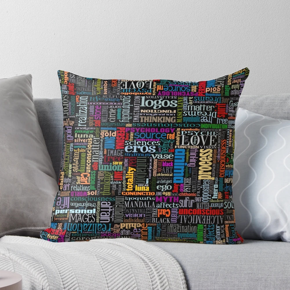 Jungian Psychology Word Cloud Pillow featuring iconic Jungian symbols and concepts