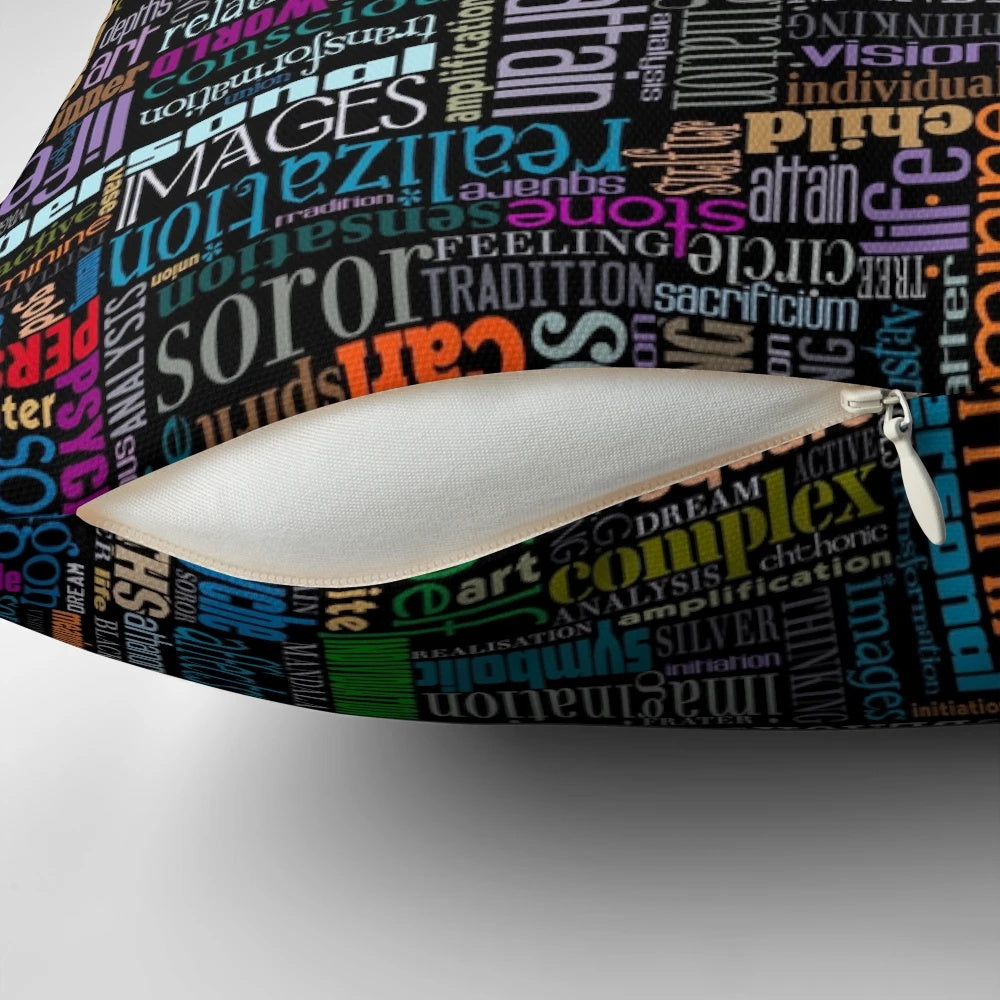 Jungian Psychology Word Cloud Pillow featuring iconic Jungian symbols and concepts