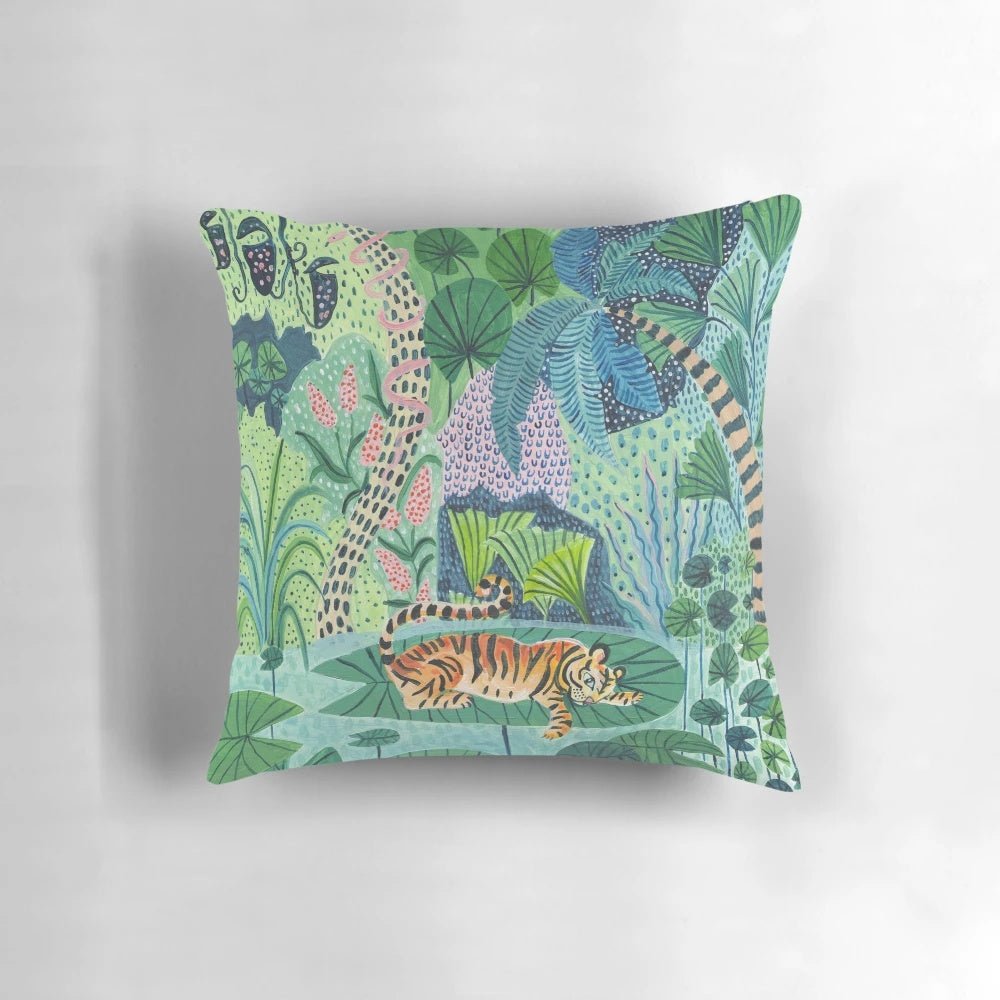 Jungle tiger pillow with tropical leaves and botanical patterns