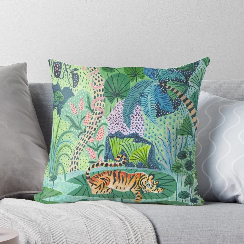 Jungle tiger pillow with tropical leaves and botanical patterns