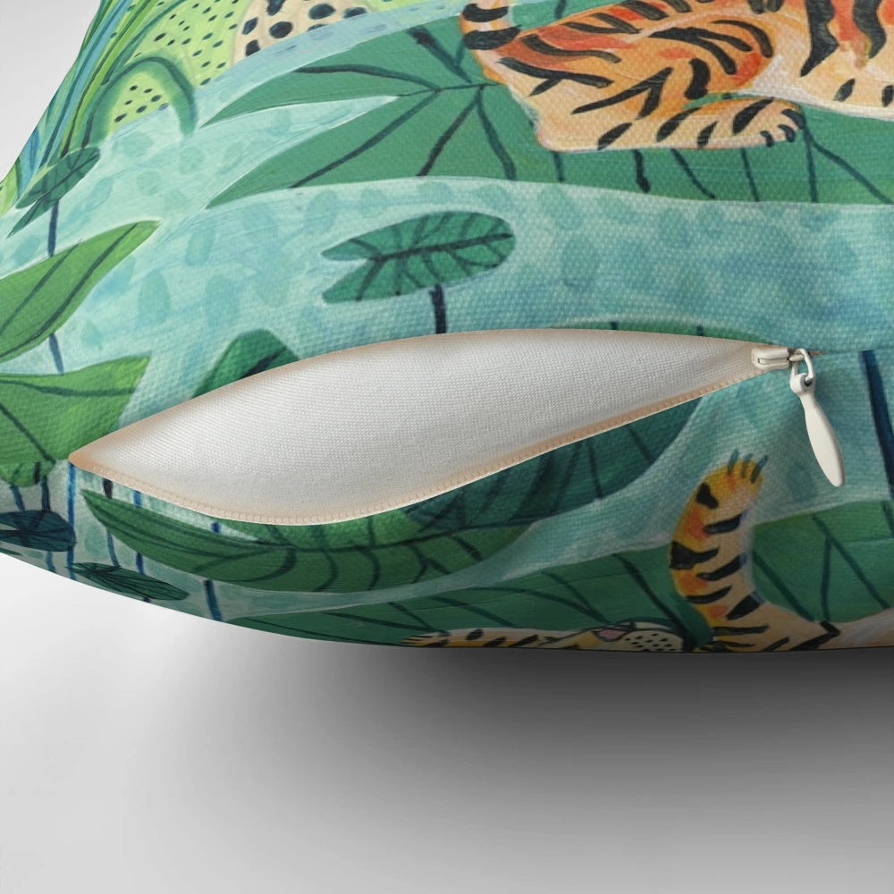 Jungle tiger pillow with tropical leaves and botanical patterns