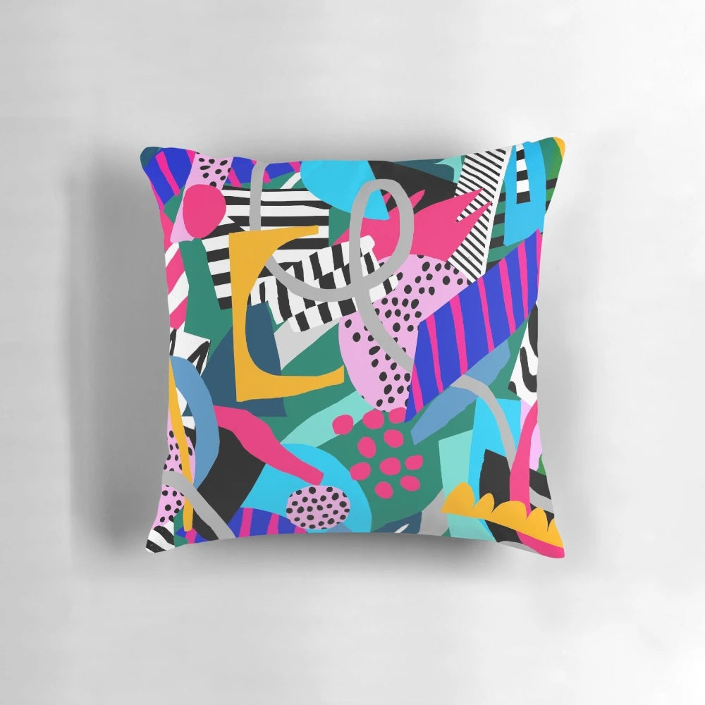 Colorful abstract pillow cover with freehand leaf and tropical jungle motif