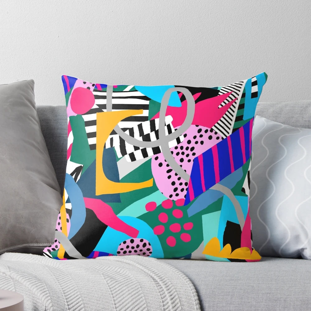 Colorful abstract pillow cover with freehand leaf and tropical jungle motif