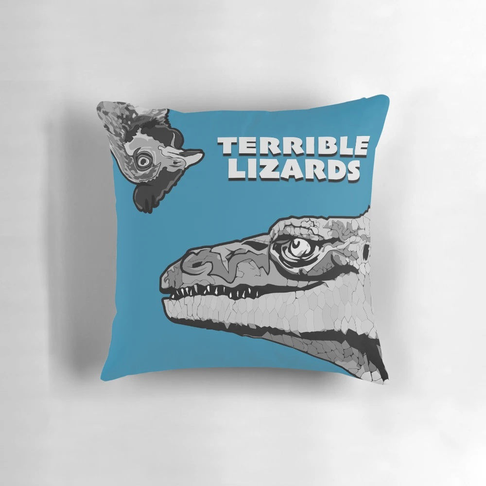 A plush pillow featuring a striking image of a dinosaur, perfect for adding a touch of Jurassic style to your home.