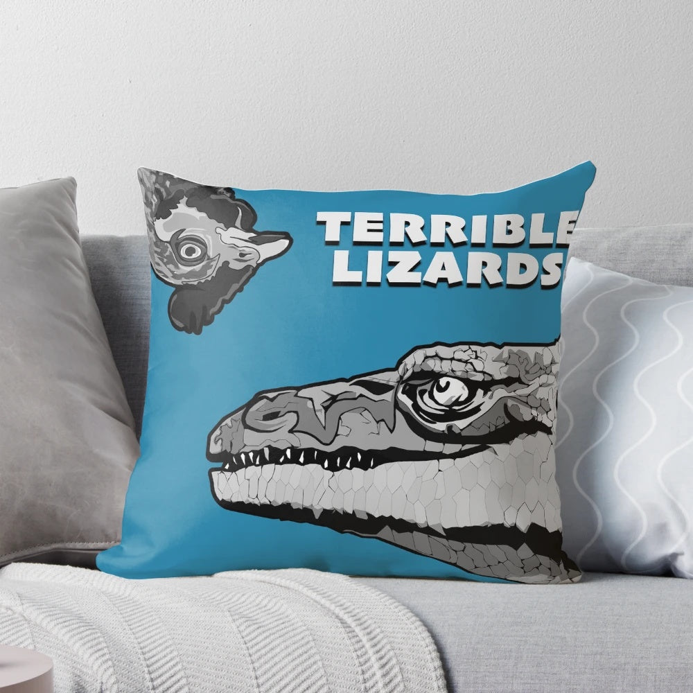 A plush pillow featuring a striking image of a dinosaur, perfect for adding a touch of Jurassic style to your home.
