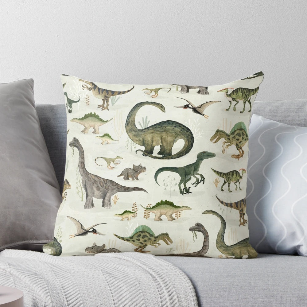 Soft and cozy Jurassic dinosaur pillow in shades of green and gray, perfect for boys' bedroom or living room decor.