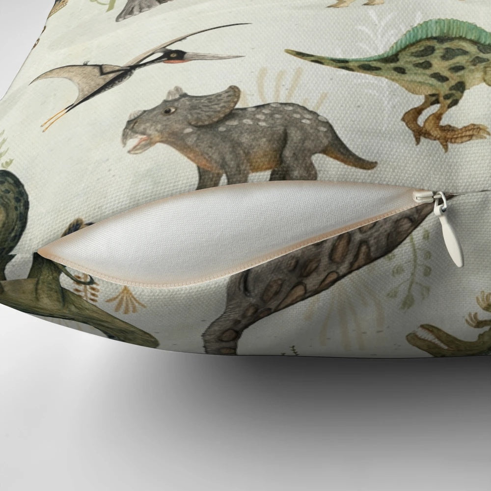 Soft and cozy Jurassic dinosaur pillow in shades of green and gray, perfect for boys' bedroom or living room decor.