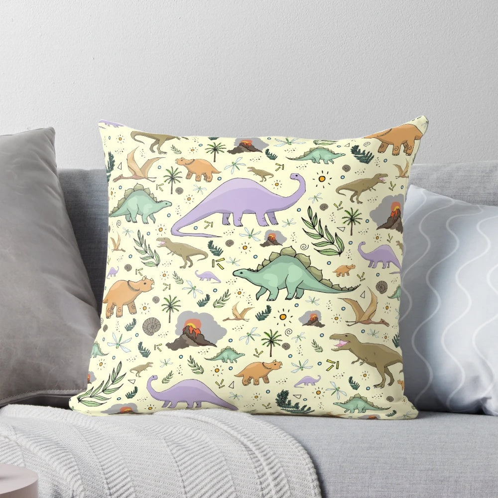 Soft, plush dinosaur pillow featuring a mix of popular prehistoric creatures like brontosaurus, triceratops, and tyrannosaurus rex.
