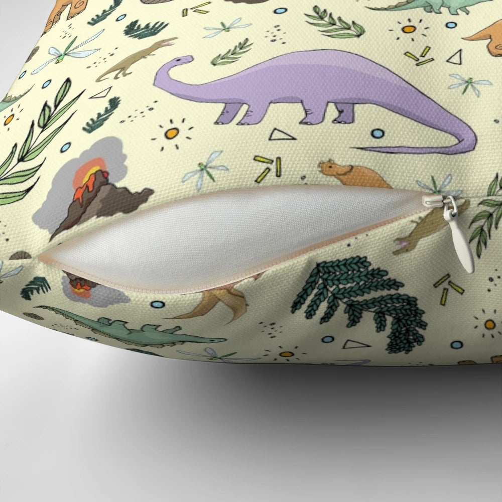 Soft, plush dinosaur pillow featuring a mix of popular prehistoric creatures like brontosaurus, triceratops, and tyrannosaurus rex.