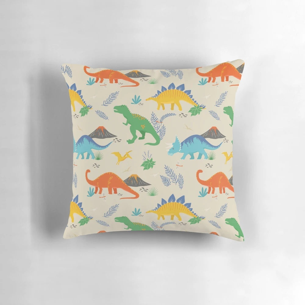 Jurassic dinosaur pillow featuring a vibrant mix of primary colors