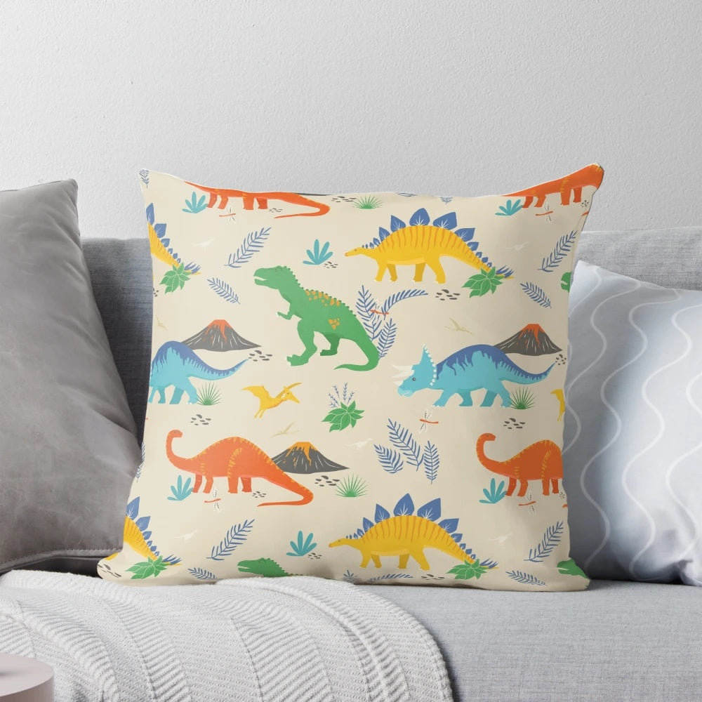 Jurassic dinosaur pillow featuring a vibrant mix of primary colors