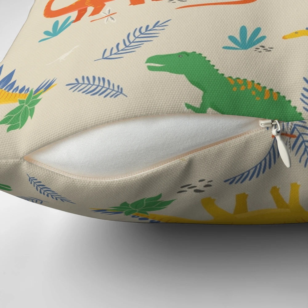 Jurassic dinosaur pillow featuring a vibrant mix of primary colors
