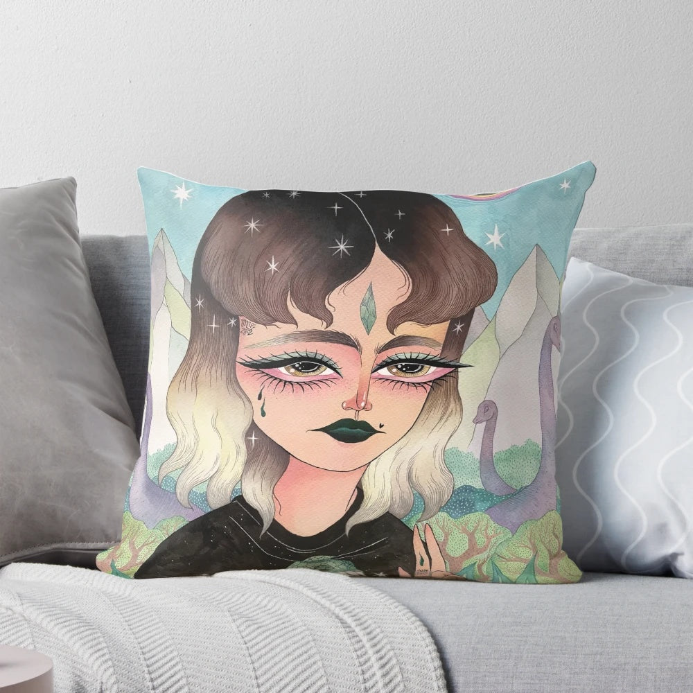 A stylized watercolor painting of a dinosaur on a pillow, with a pastel landscape and asteroid in the background.