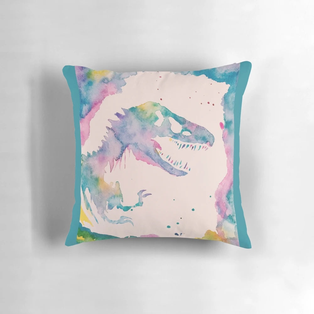 A watercolor-style pillow featuring a Jurassic-themed dinosaur design, perfect for adding a touch of prehistoric style to your home.