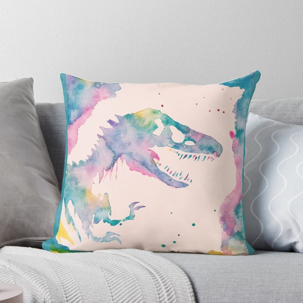 A watercolor-style pillow featuring a Jurassic-themed dinosaur design, perfect for adding a touch of prehistoric style to your home.