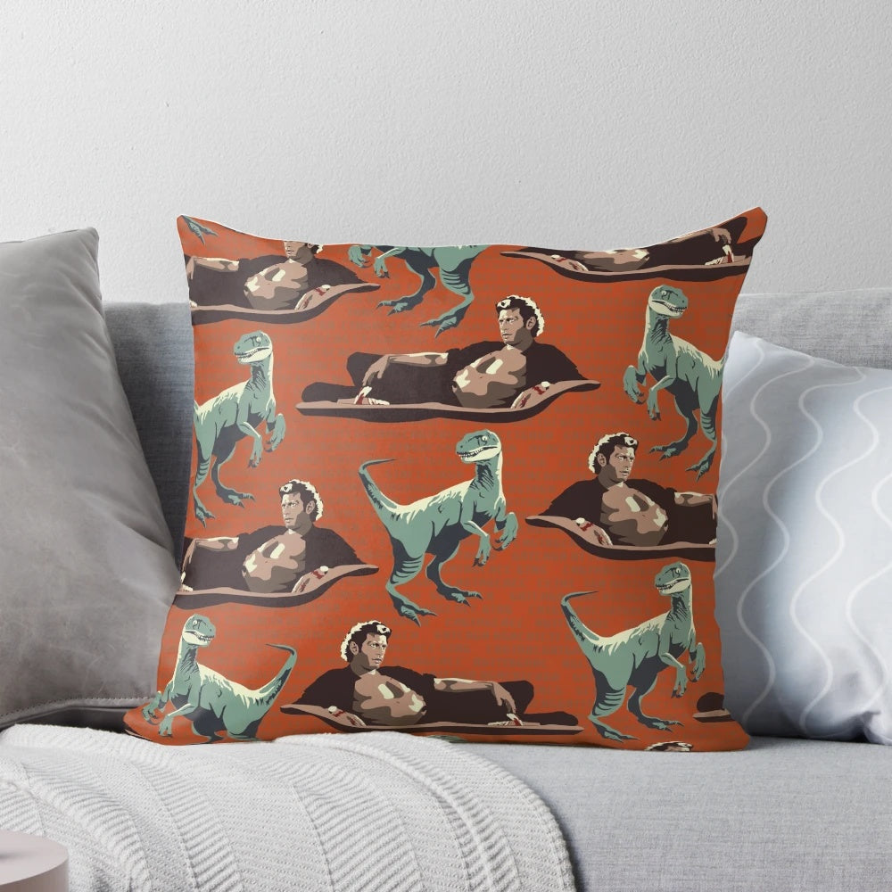 Jurassic Geniuses Pillow featuring DNA, Velociraptors, and Jeff Goldblum