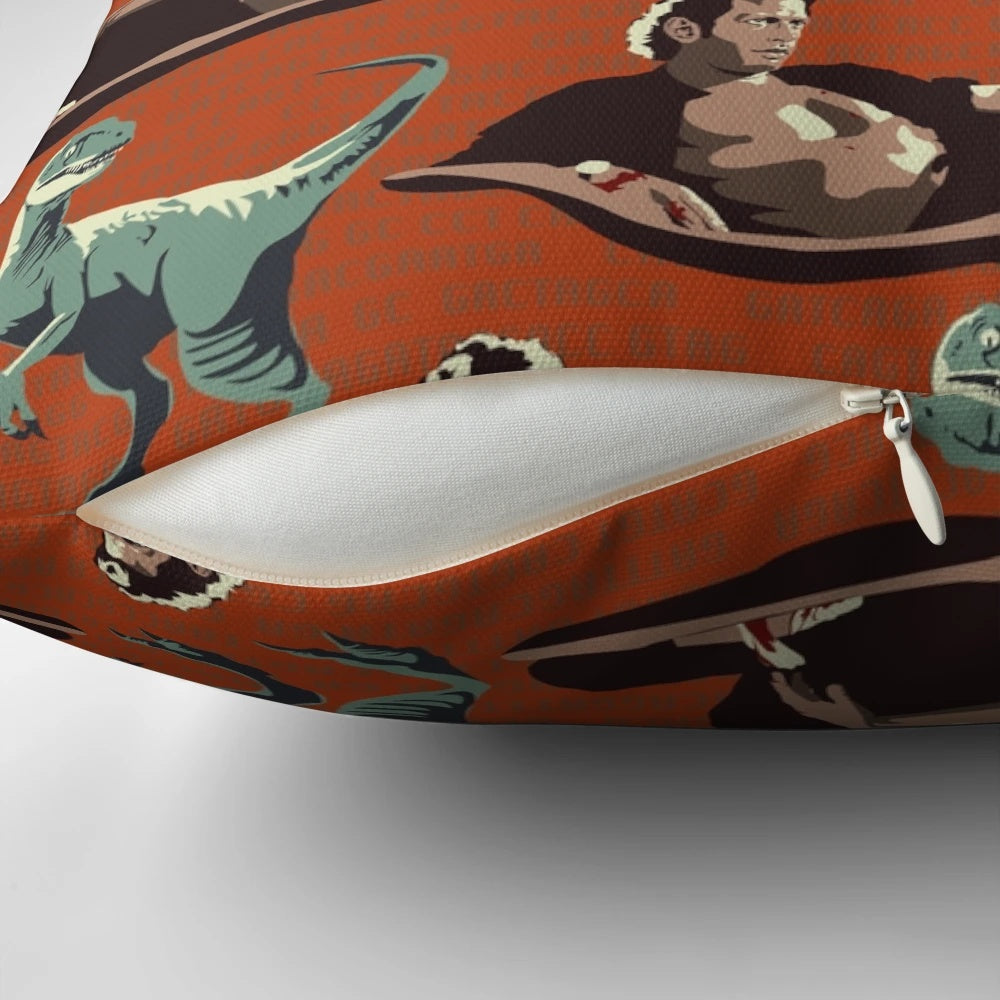 Jurassic Geniuses Pillow featuring DNA, Velociraptors, and Jeff Goldblum