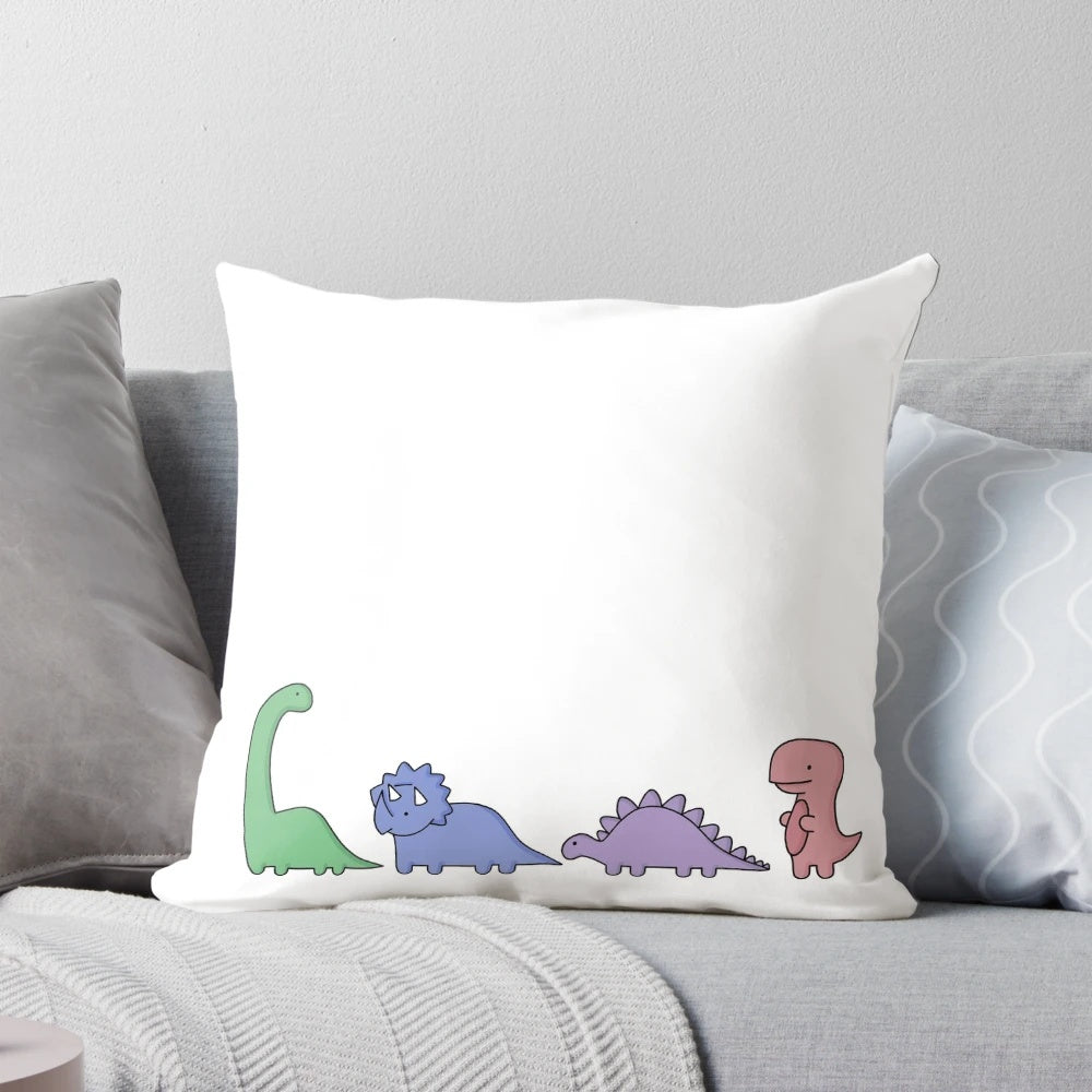 Colorful cartoon dinosaurs including brachiosaurus, T-rex, stegosaurus, and triceratops printed on a soft, comfortable pillow.