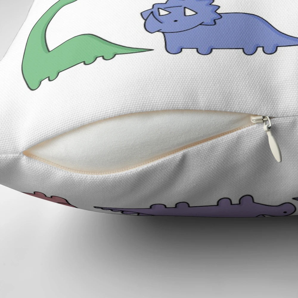 Colorful cartoon dinosaurs including brachiosaurus, T-rex, stegosaurus, and triceratops printed on a soft, comfortable pillow.