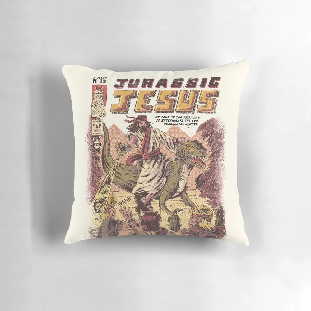 Jurassic Jesus pillow featuring a humorous dinosaur interpretation of Jesus Christ