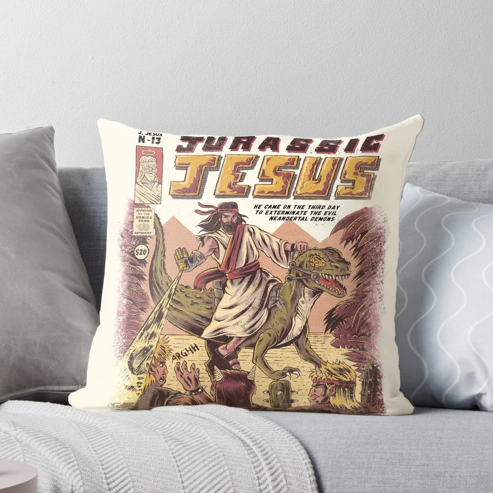 Jurassic Jesus pillow featuring a humorous dinosaur interpretation of Jesus Christ
