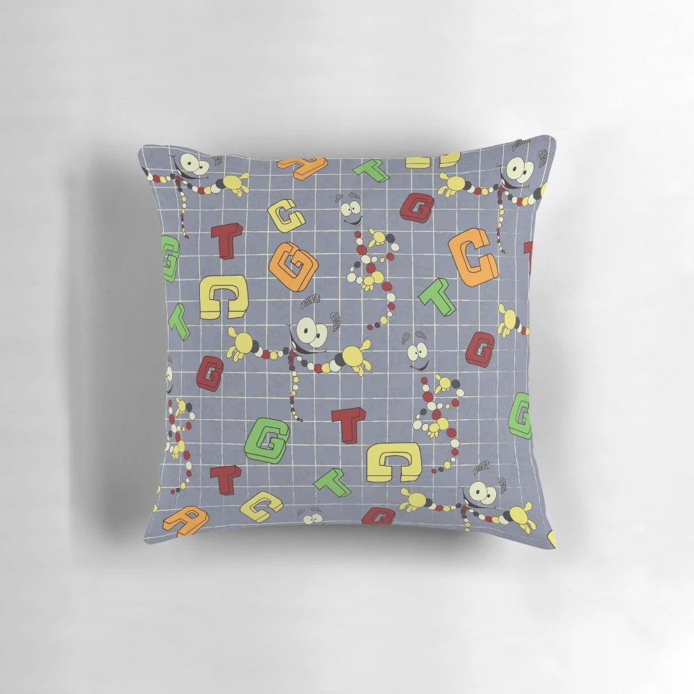 Dino DNA Pillow featuring a graphic design of a DNA strand with a jurassic park dinosaur theme