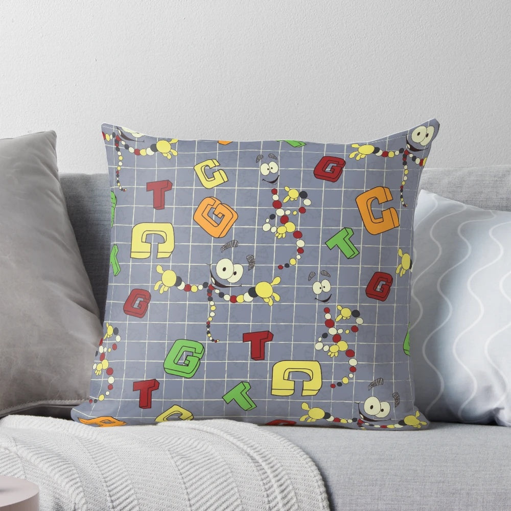 Dino DNA Pillow featuring a graphic design of a DNA strand with a jurassic park dinosaur theme