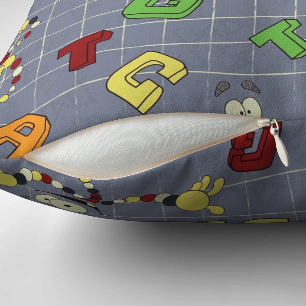 Dino DNA Pillow featuring a graphic design of a DNA strand with a jurassic park dinosaur theme