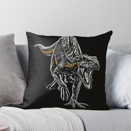 Detailed graphic design pillow featuring the Indoraptor dinosaur from Jurassic World, perfect for Jurassic Park fans.