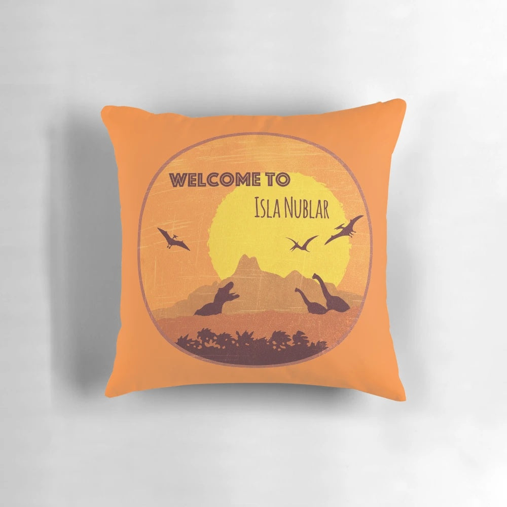 Jurassic Park Isla Nublar Pillow featuring a t-rex and the iconic Isla Nublar setting