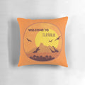 Jurassic Park Isla Nublar Pillow featuring a t-rex and the iconic Isla Nublar setting