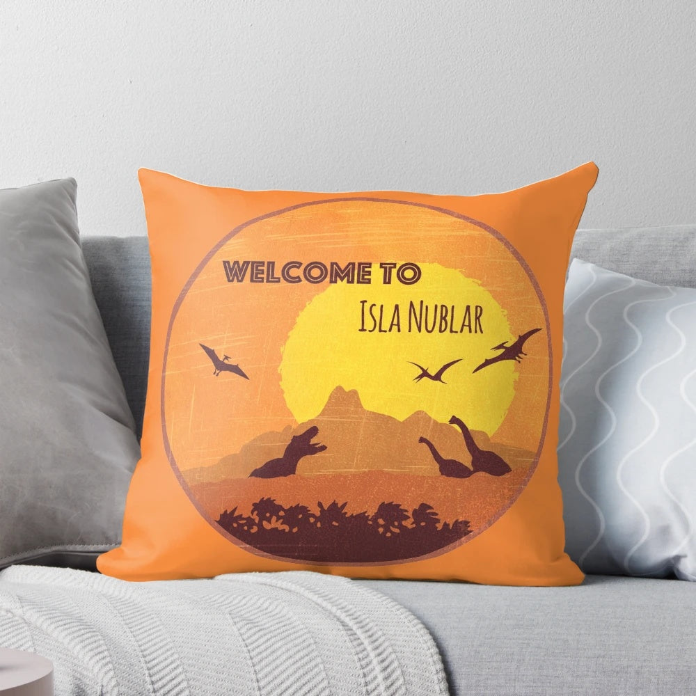 Jurassic Park Isla Nublar Pillow featuring a t-rex and the iconic Isla Nublar setting