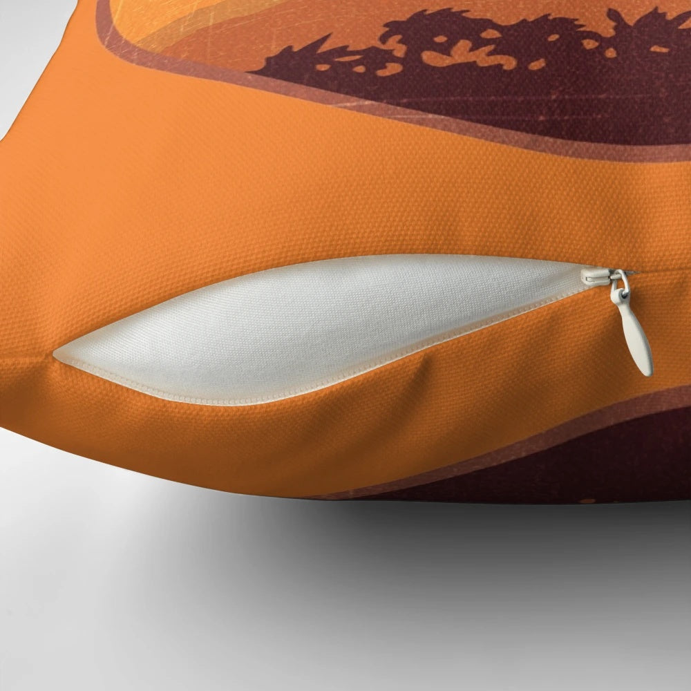 Jurassic Park Isla Nublar Pillow featuring a t-rex and the iconic Isla Nublar setting