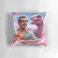 Pastel cotton candy colored pillow featuring a pop surrealist design with dinosaurs and the quote "Life, uh, Finds a Way" from Jurassic Park