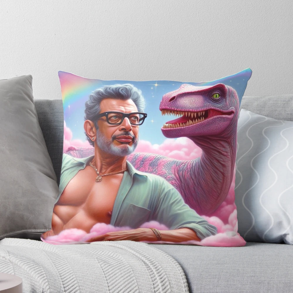Pastel cotton candy colored pillow featuring a pop surrealist design with dinosaurs and the quote "Life, uh, Finds a Way" from Jurassic Park
