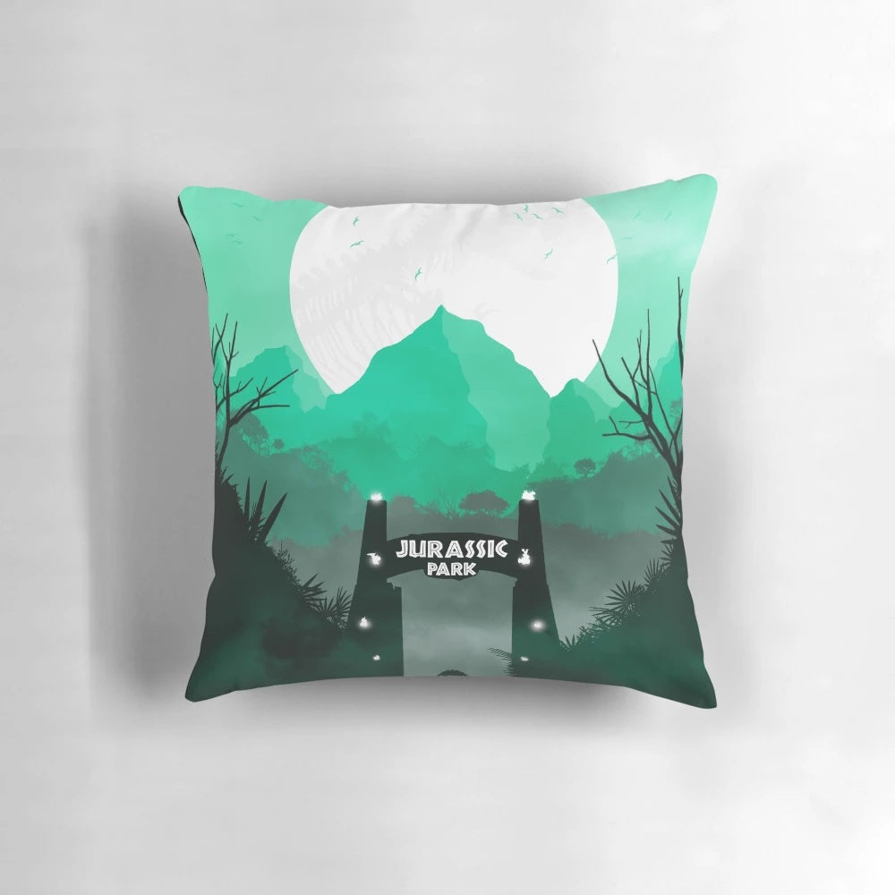 Plush throw pillow featuring iconic Jurassic Park dinosaurs and characters