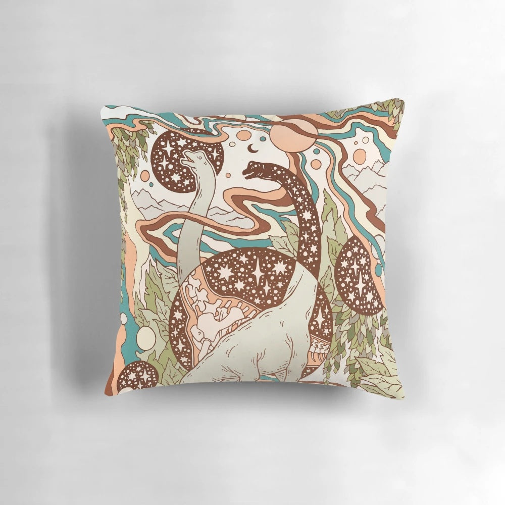 Colorful and surreal dinosaur sci-fi art pillow featuring a brachiosaurus skeleton in a psychedelic, retro-inspired palette.