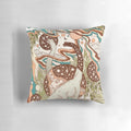 Colorful and surreal dinosaur sci-fi art pillow featuring a brachiosaurus skeleton in a psychedelic, retro-inspired palette.