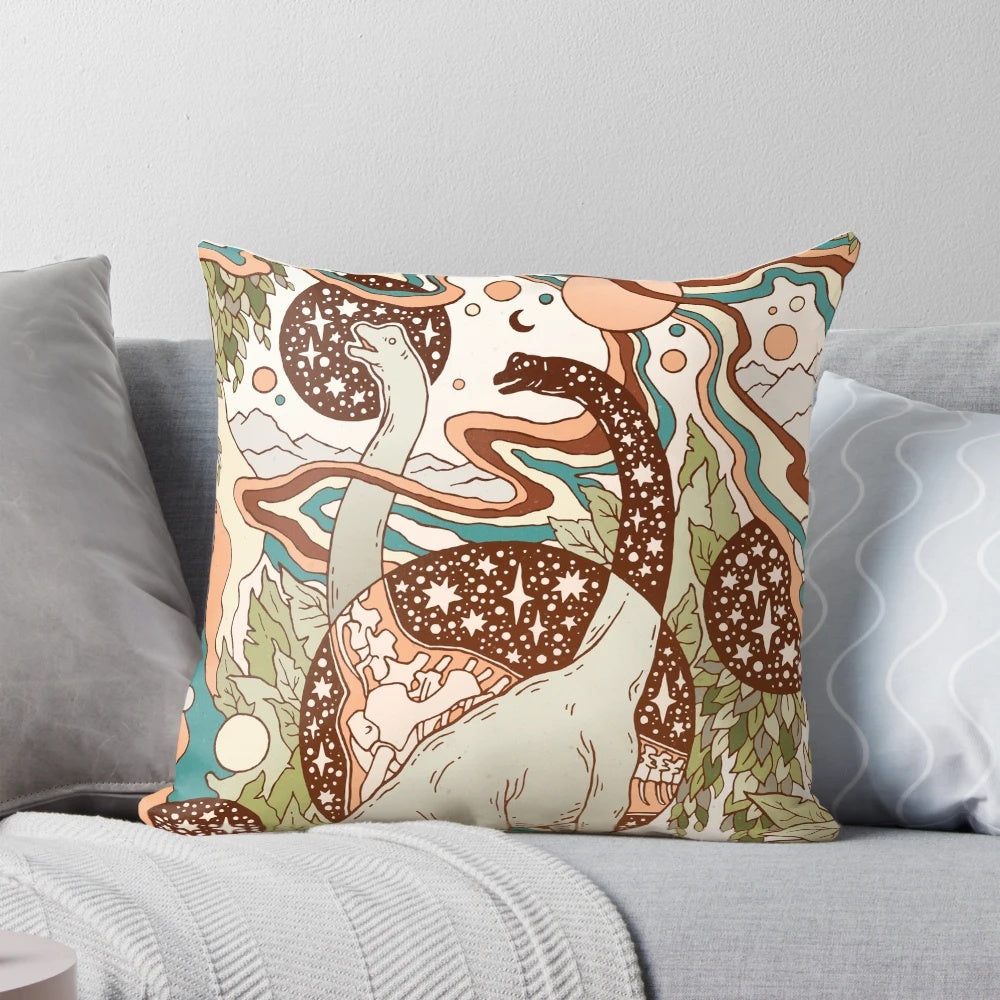Colorful and surreal dinosaur sci-fi art pillow featuring a brachiosaurus skeleton in a psychedelic, retro-inspired palette.