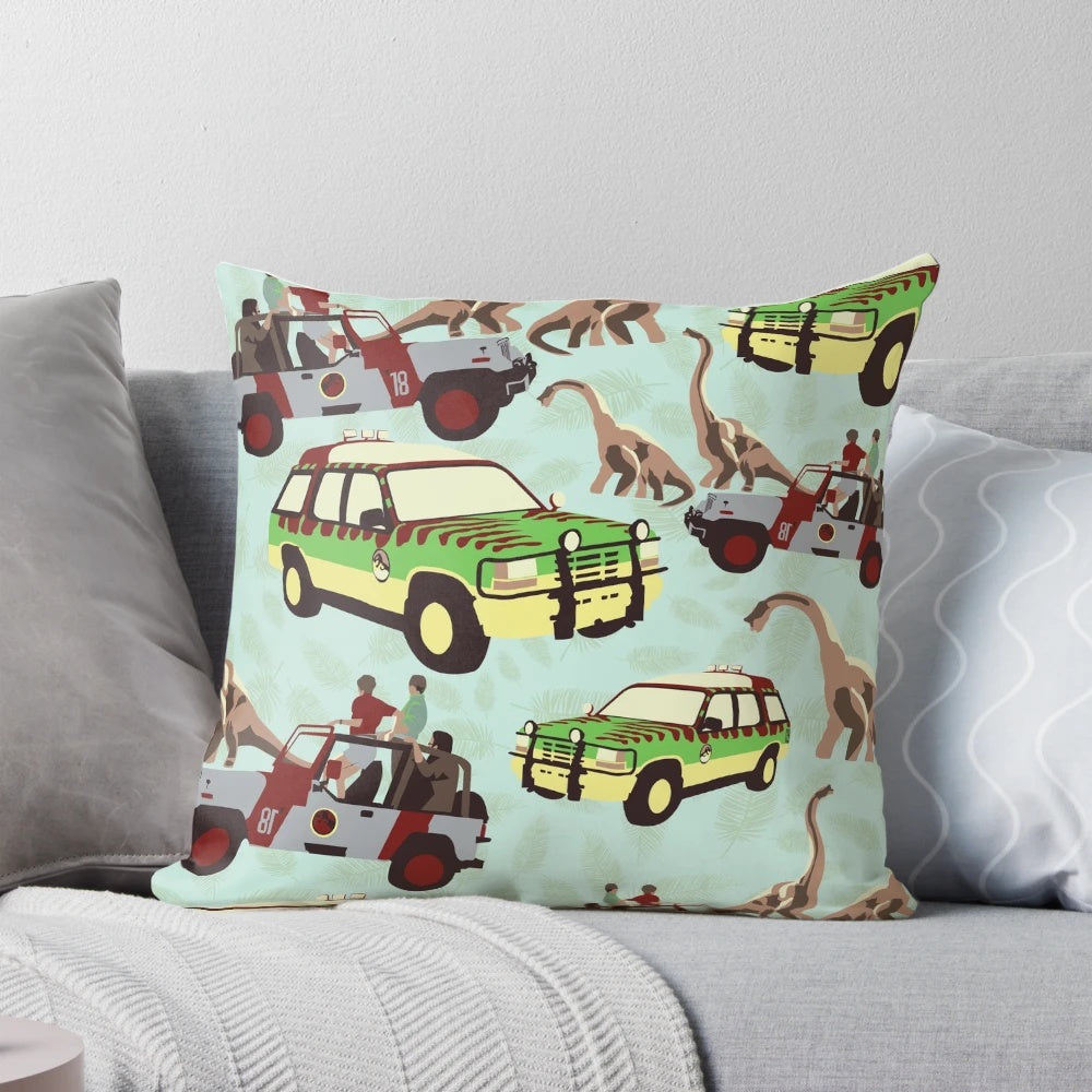 Vibrant, dinosaur-themed Jurassic Ride pillow with jeep and brachiosaurus design