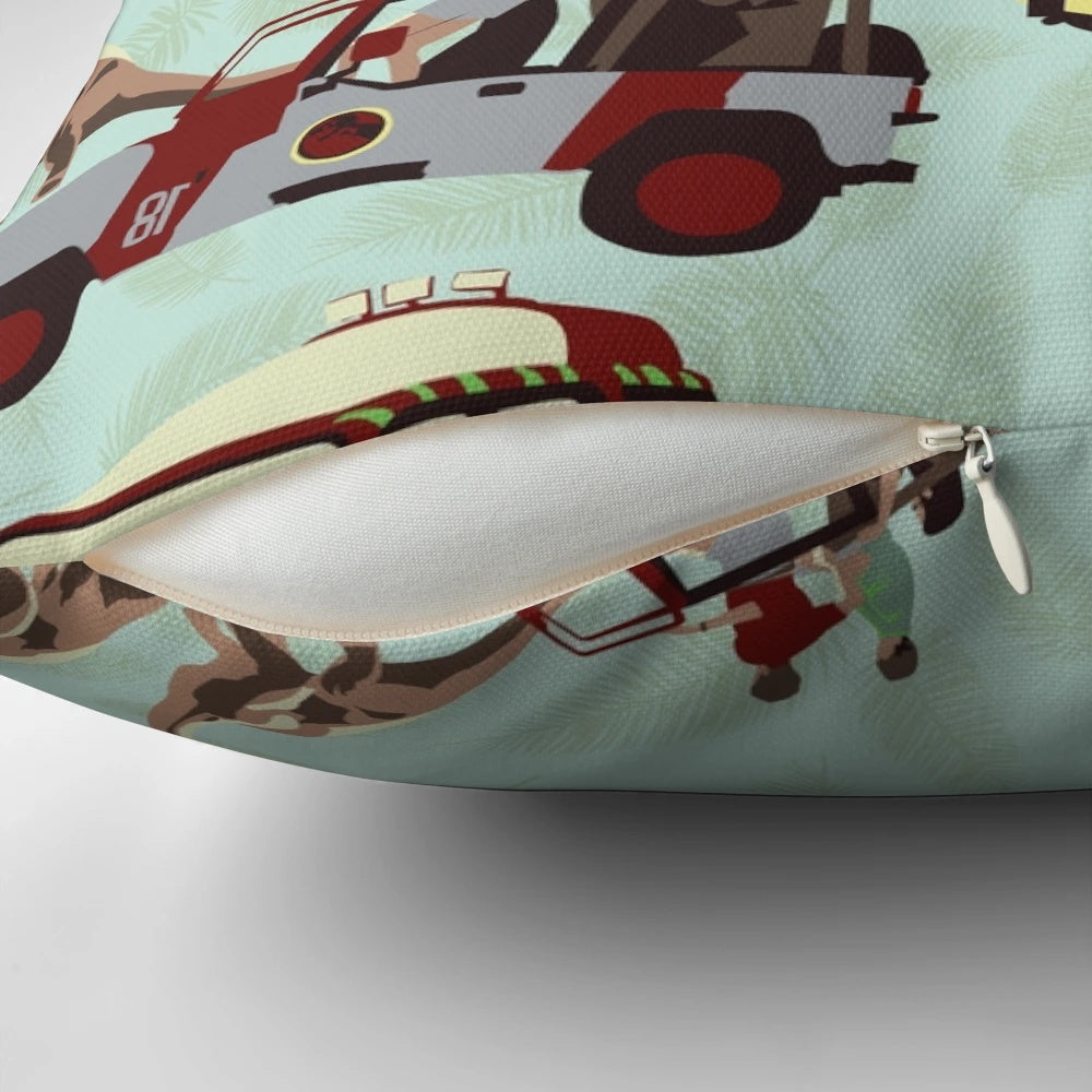Vibrant, dinosaur-themed Jurassic Ride pillow with jeep and brachiosaurus design