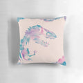 A vibrant watercolor pillow featuring a Jurassic Park-inspired dinosaur design