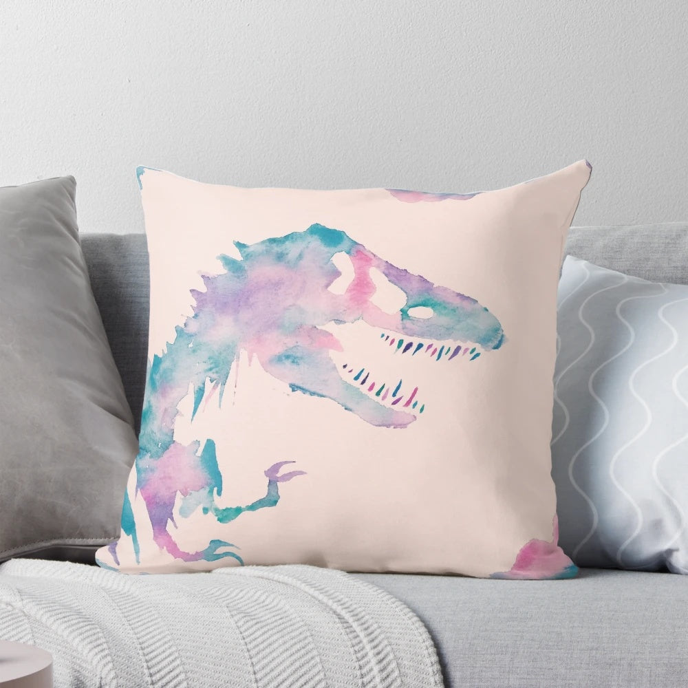 A vibrant watercolor pillow featuring a Jurassic Park-inspired dinosaur design