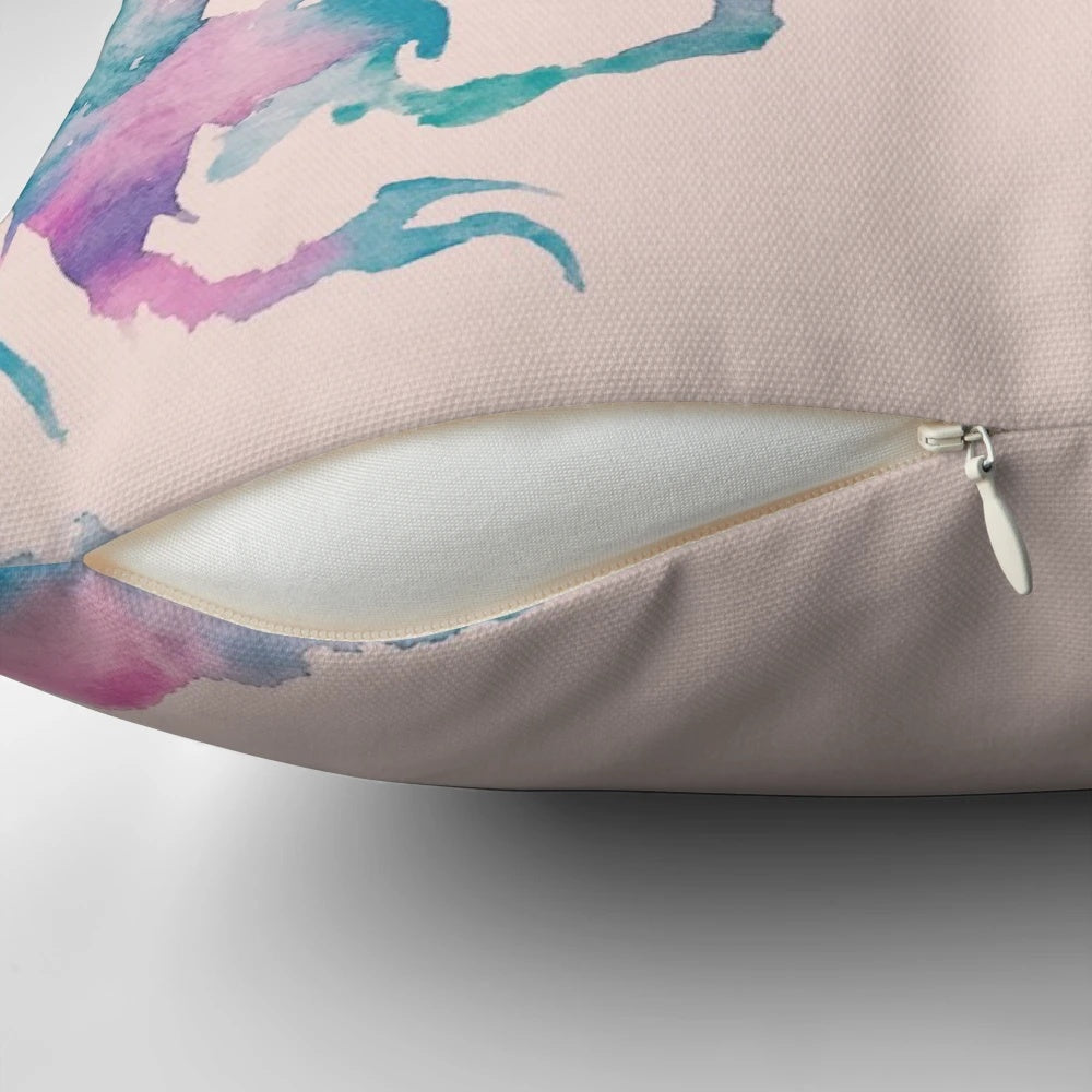 A vibrant watercolor pillow featuring a Jurassic Park-inspired dinosaur design
