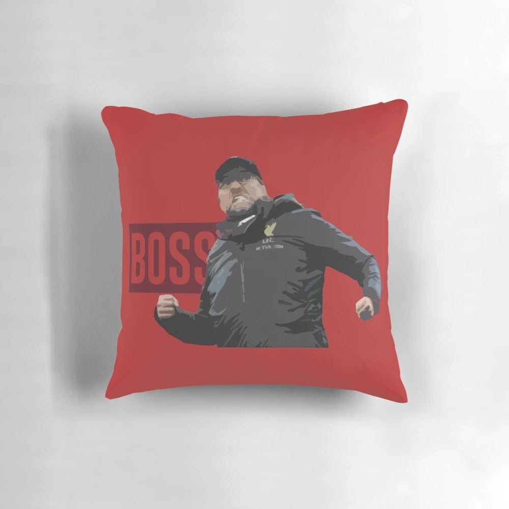 Jurgen Klopp 'BOSS' Liverpool FC Pillow, featuring a vector graphic design of the football manager