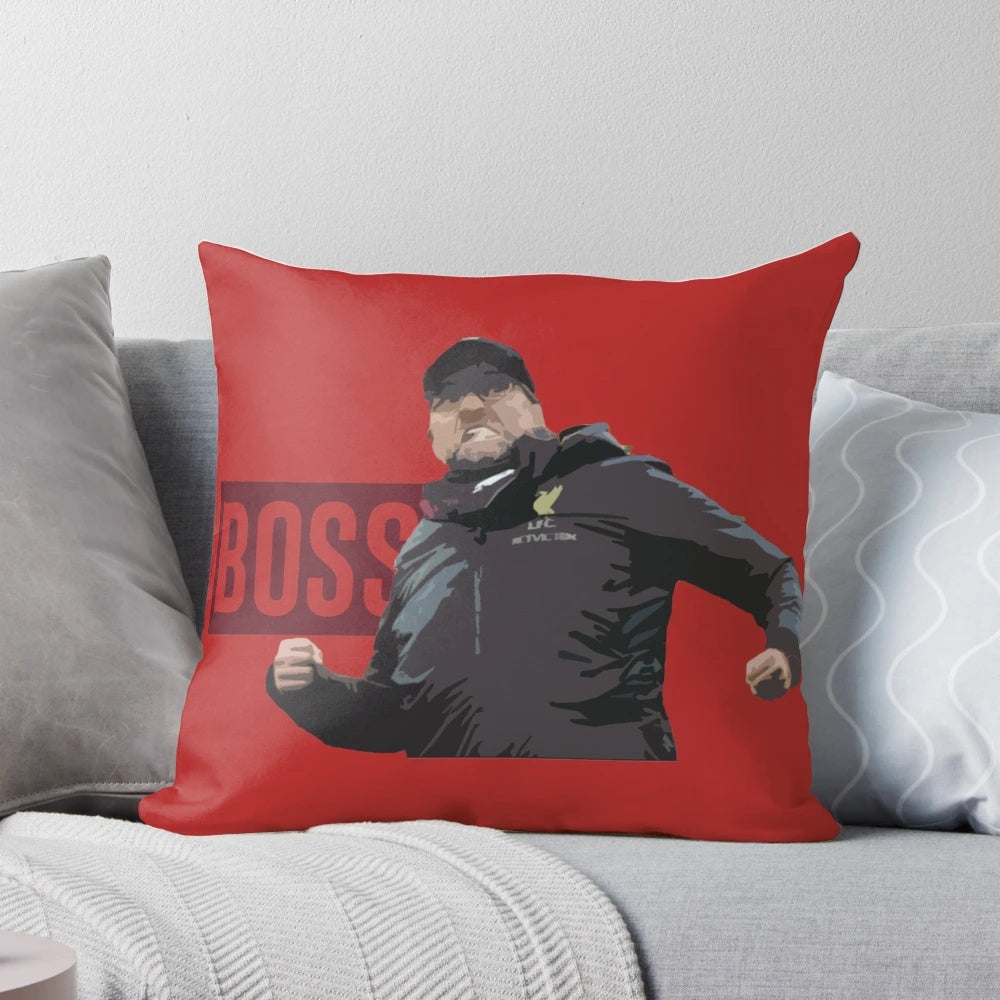 Jurgen Klopp 'BOSS' Liverpool FC Pillow, featuring a vector graphic design of the football manager
